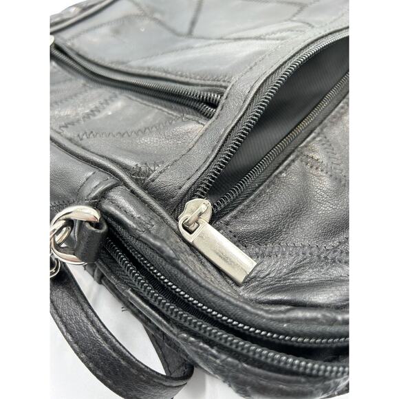 Vintage‎ Patch Leather Women Medium Black Crossbody Lined Sectional Shoulder Bag - Picture 9 of 11